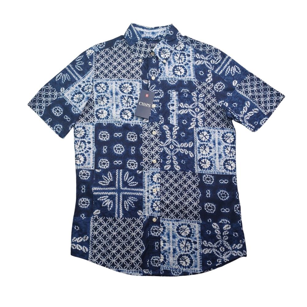CHAPS Button Down Shirt Mens S Navy Bandana Tie Dye Patchwork Festival Beach NWT